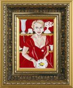 Marliz Frencken, Crop of woman in red with white porcelain, 1990 18 x 13 cm, oil on canvas